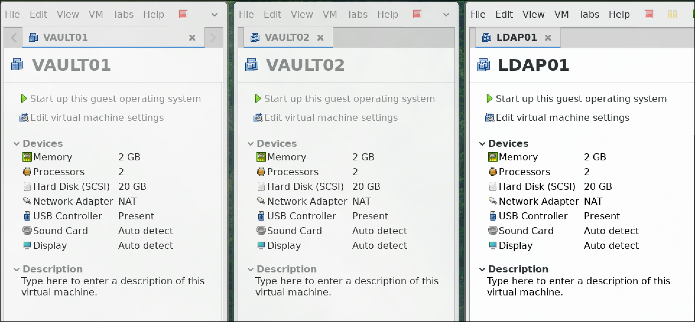 The three Debian VMs - VAULT01, VAULT02, LDAP01