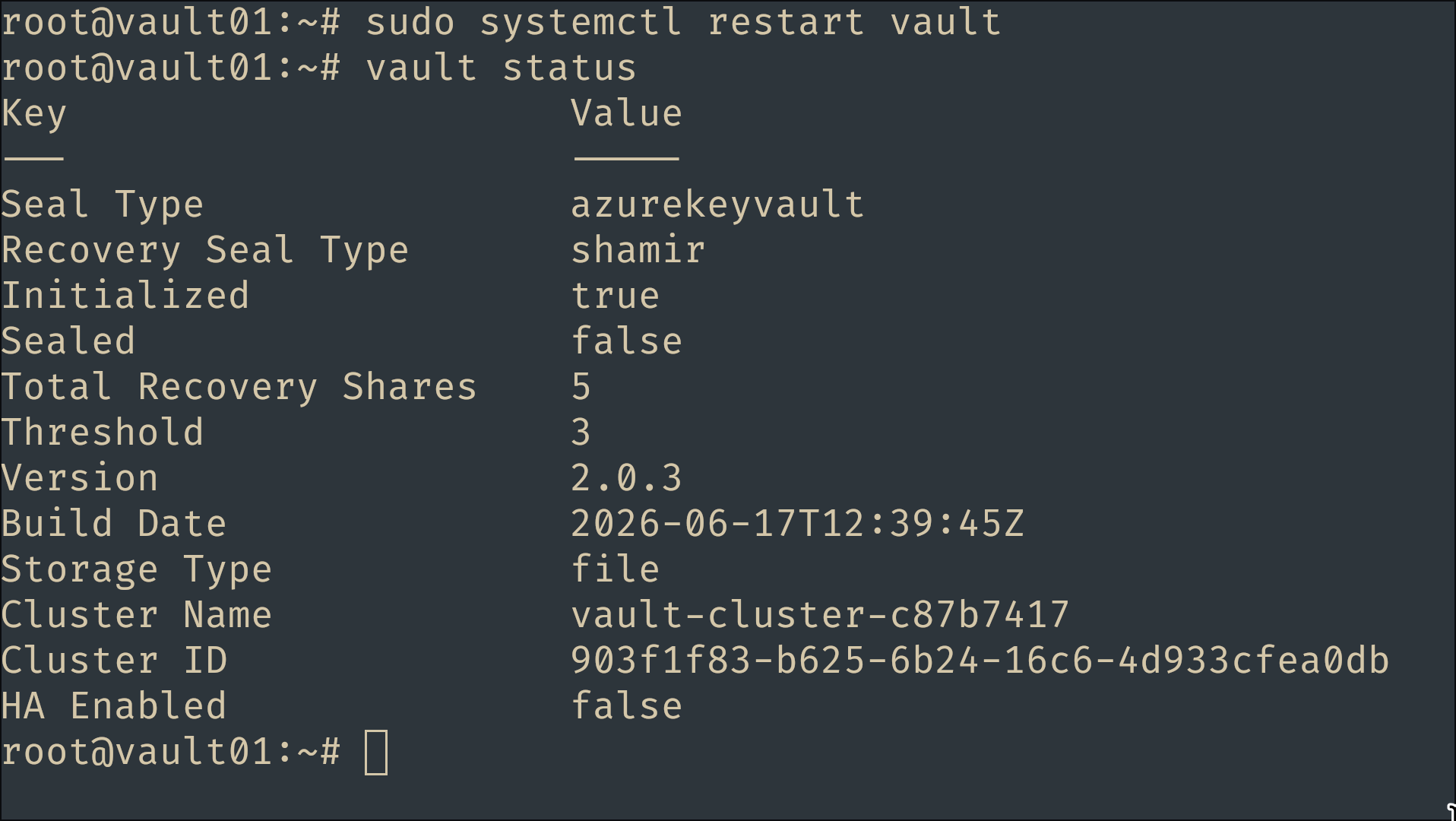 vault status after a restart, still unsealed