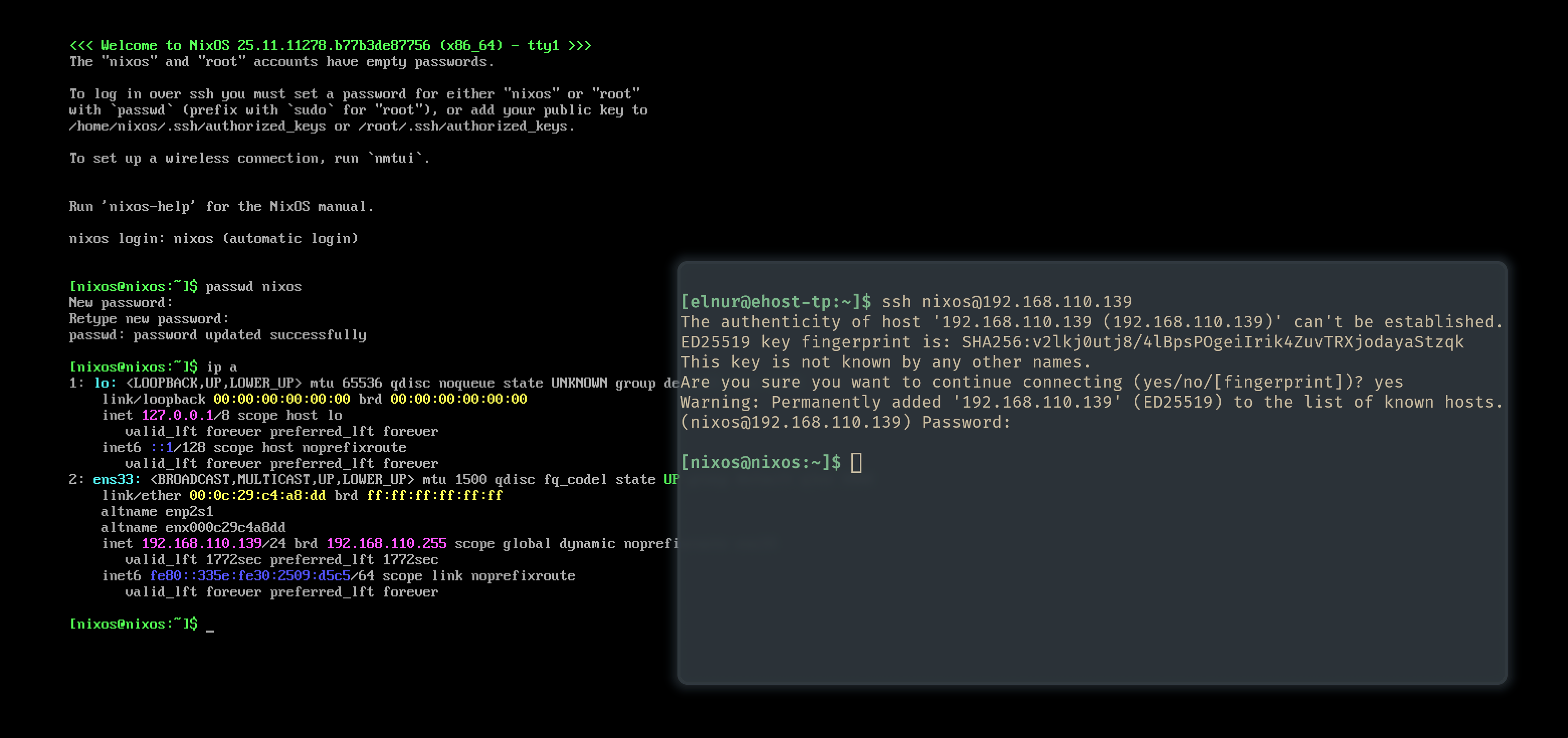 Setting the nixos password and SSHing in